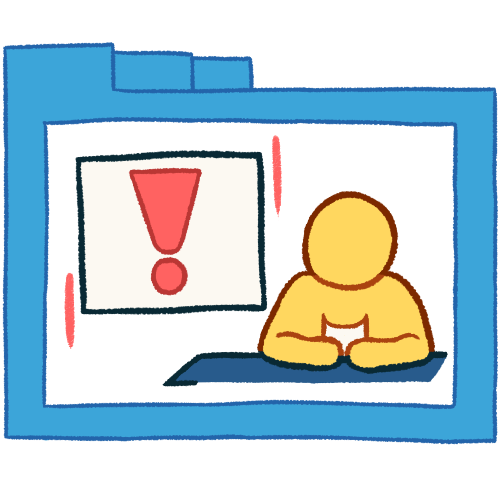 A hollow blue folder with thin lineart. Inside of it is a plain yellow person sitting at a blue desk holding a paper. Next to them is a white screen with a pink exclamation point, with two pink vertical lines outside the screen. 